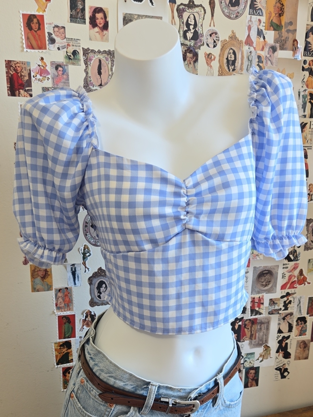 Forever 21 Blue Gingham Puff-Sleeve Crop Top